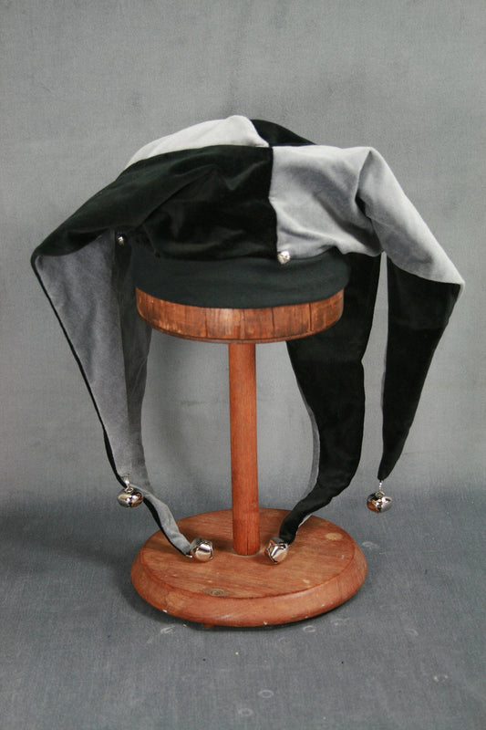 Handmade black and grey velvet jester hat with bells