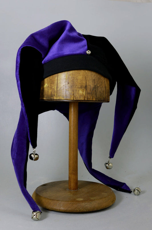 Purple and black velvet jester hat with bells, handmade court jester costume hat