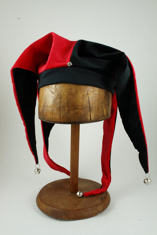 Handmade red and black velvet jester hat with bells