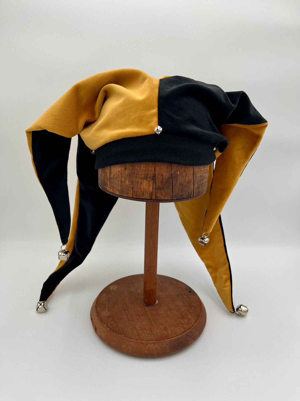 Black and gold handmade velvet jester hat with genuine bells