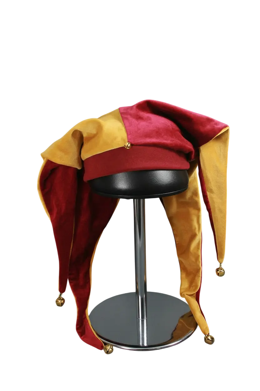 Handmade wine and gold velvet jester hat with bells